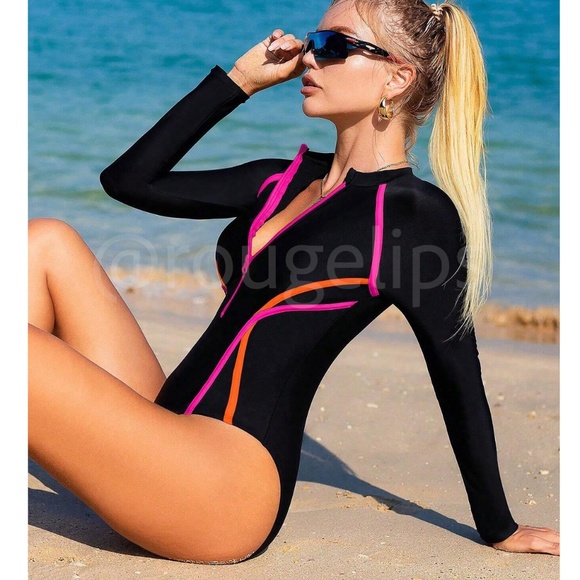 Black with Pink and Orange Piping One Piece Swimsuit Zipper Front Long Sleeve